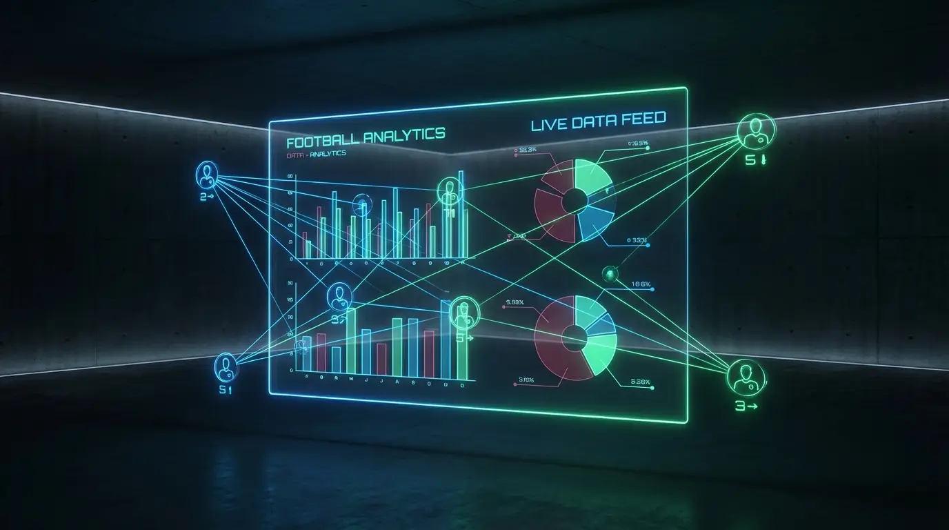 A futuristic holographic data dashboard displaying abstract but compelling football analytics visualizations, with glowing charts and laser-like passing networks.