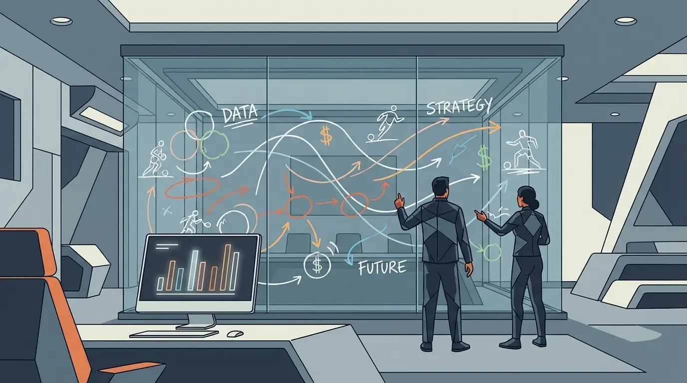 A conceptual scene of a football club's strategy room, where data analysis and whiteboard planning visualize the tough decisions behind transfers.