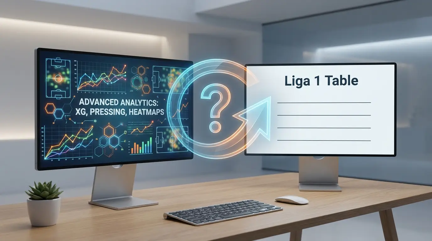 A symbolic illustration representing the contrast between advanced football analytics (for top leagues) and the basic data available for Indonesia's Liga 1.