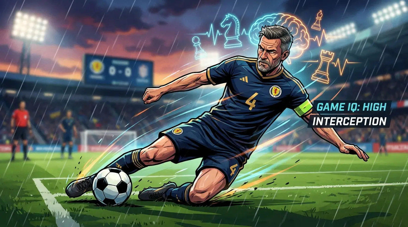 A veteran defender with a calm, intelligent expression executes a perfect last-ditch tackle inside the penalty box, preventing a clear goal chance. The focus is on his decision-making and composure under pressure.