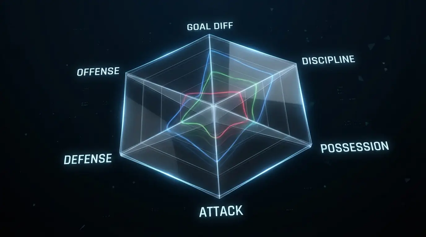 A conceptual, empty radar chart with axes labeled key performance metrics (Goal Difference, Discipline, etc.), with multi-colored lines beginning to form, representing the start of a comparative team analysis.