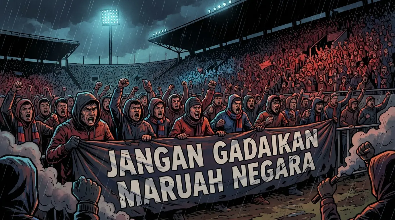 An atmospheric scene of a night football stadium. The focus is on a section of passionate, angry fans in the stands, holding up a large banner with the protest text. The mood is tense and defiant.