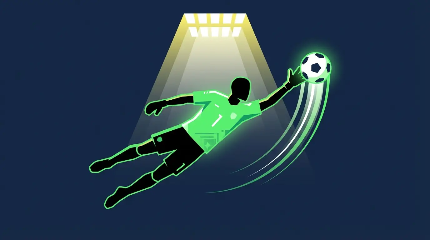 A dramatic silhouette of a goalkeeper in a full-stretch save, emphasizing agility and the crucial, often overlooked, role of defenders.