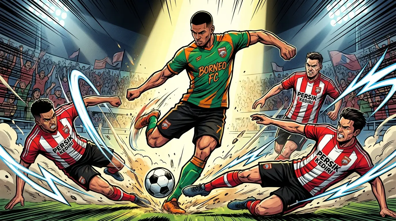 A stylized, dynamic illustration capturing the decisive moment of tactical execution in the Borneo FC vs Persik Kediri match, symbolizing data-driven victory.
