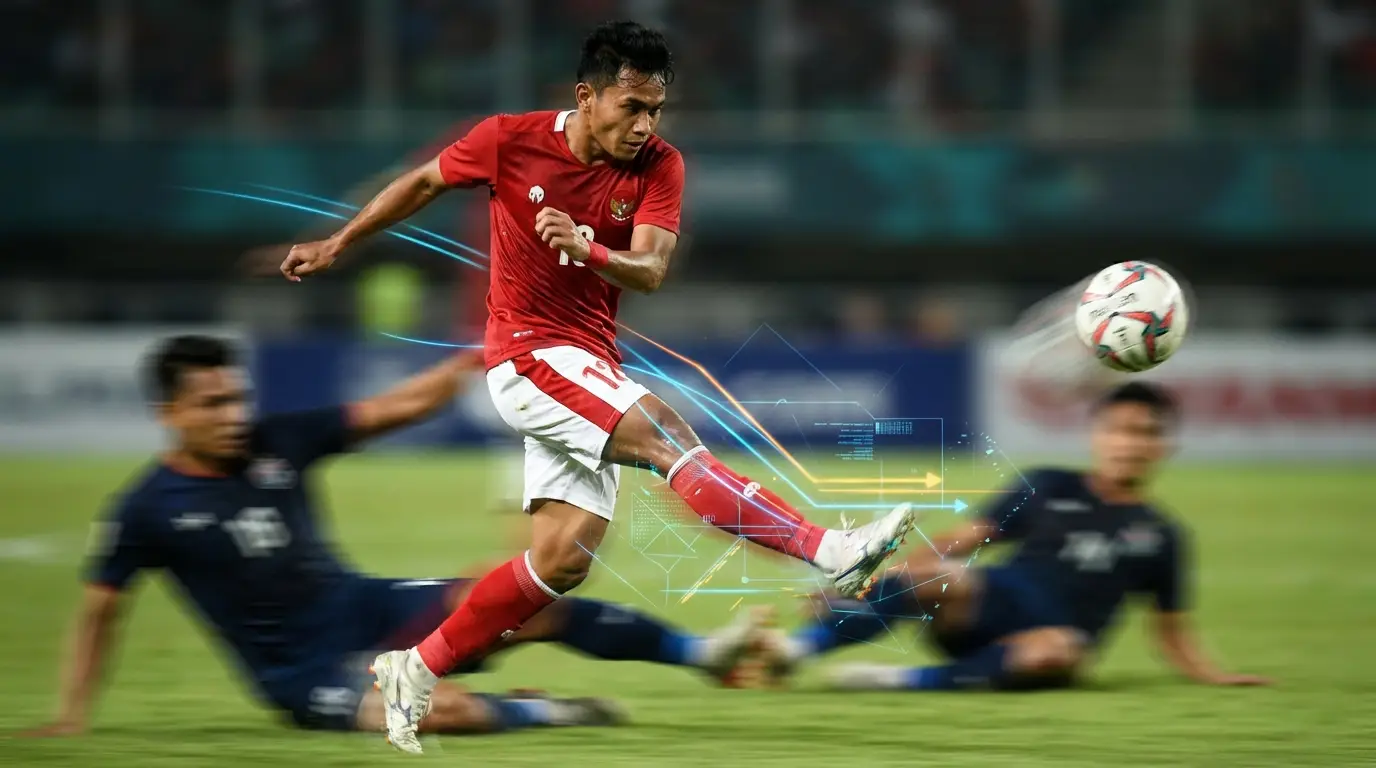 A dynamic composite image symbolizing the dual engine of Timnas Indonesia: a wing-back in action creating an attack, with a defensive interception in the background, overlaid with abstract data visualization elements.