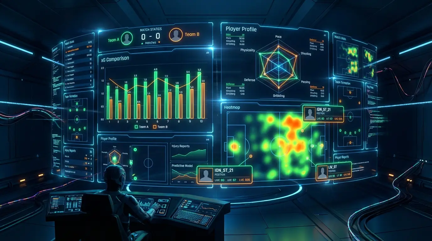 A futuristic football analytics dashboard displaying conceptual player data visualizations for the Indonesian league.