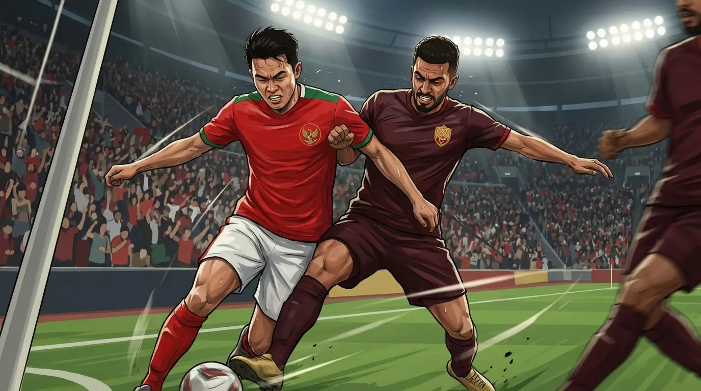 Epic clash between Indonesia (red) and Bahrain (dark) players in a tense penalty area duel, under stadium lights.