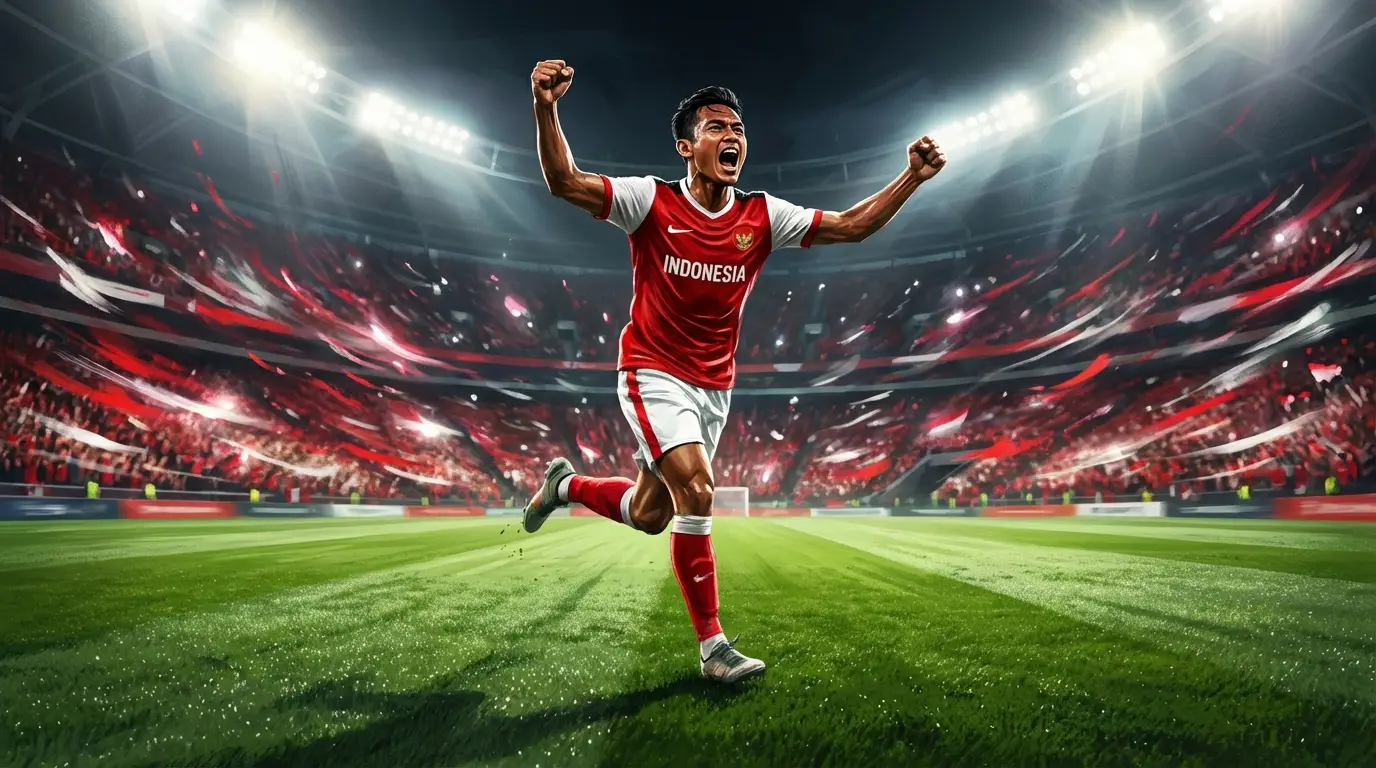 Ilustrasi pemain Timnas Indonesia U-23 merayakan kemenangan dalam pertandingan kualifikasi yang intens.