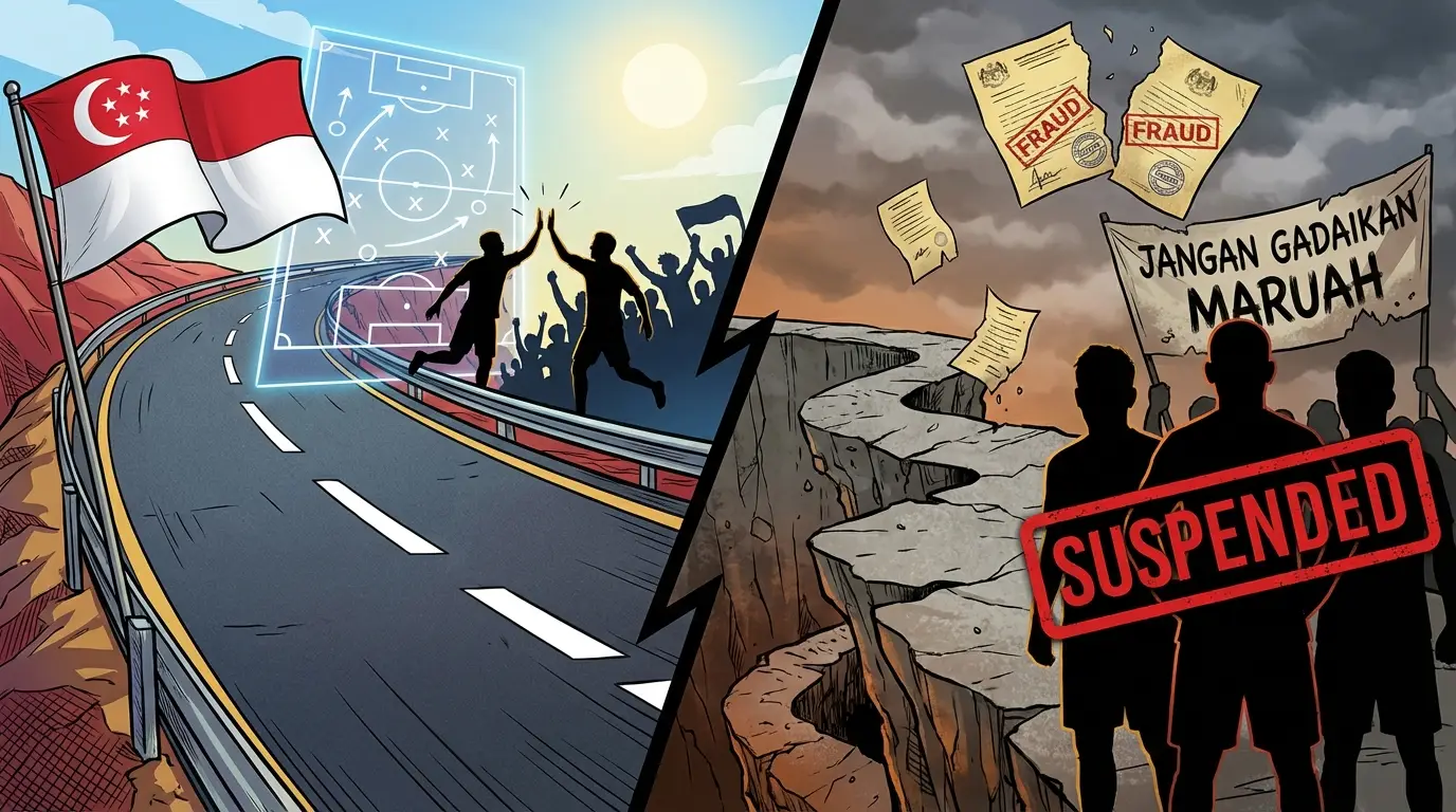 A symbolic split image contrasting Indonesia's structured naturalization path (solid road, integrated players/fans) with Malaysia's scandal-ridden shortcut (cracked road, fake documents, protest banners).