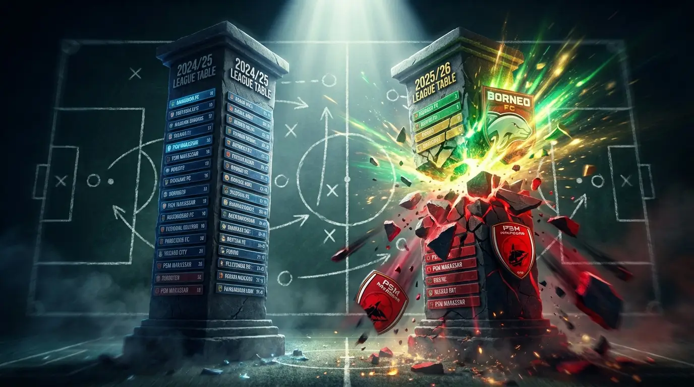 A dramatic conceptual illustration of the shifting power dynamics in BRI Liga 1 between the 2024/25 and 2025/26 seasons, showing rising and falling clubs.