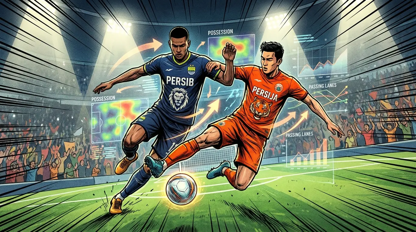 A dramatic conceptual header for Liga 1 BRI 2026 analysis, showing a tense duel between players in team colors, overlaid with stylized tactical diagrams, symbolizing the data-driven battle for the title.