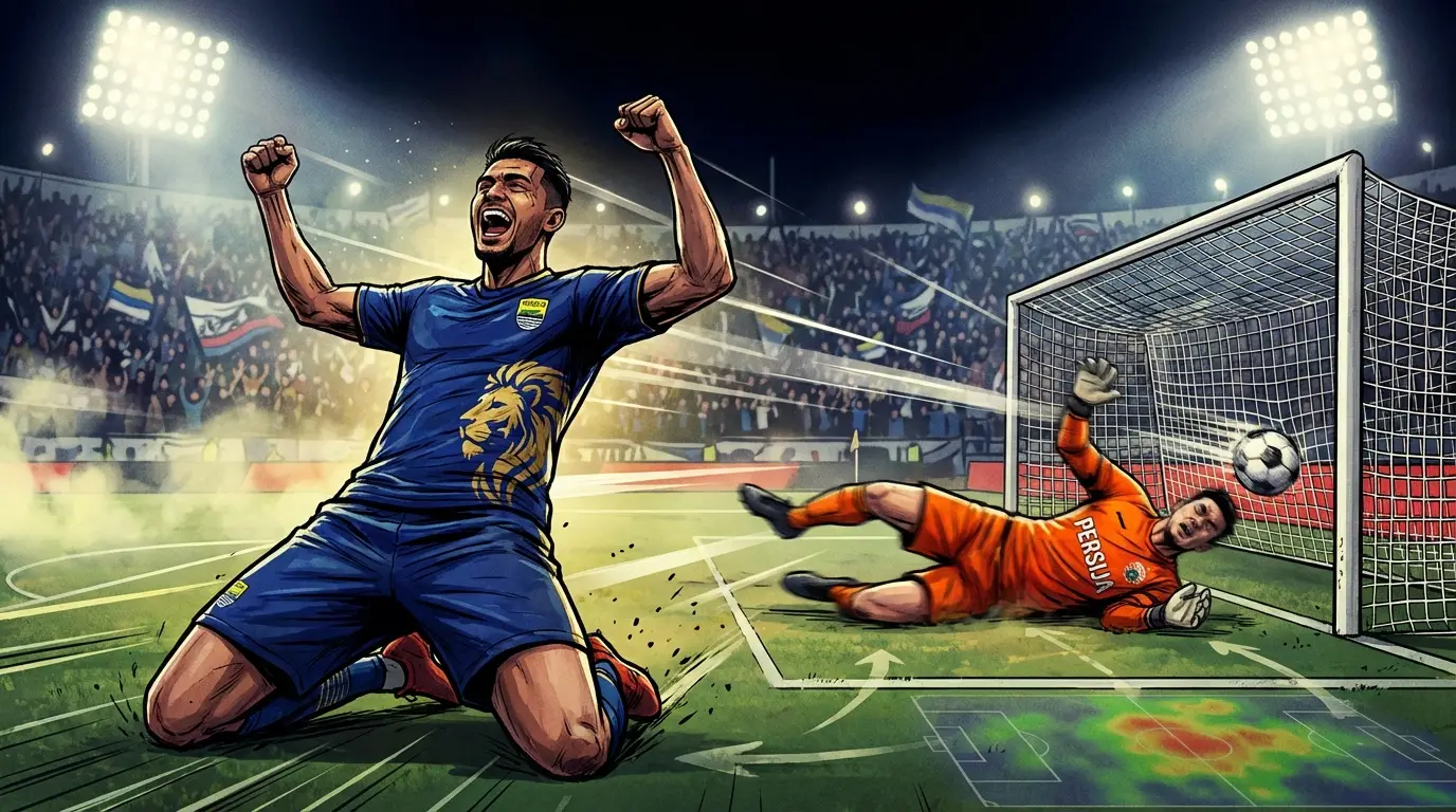 The decisive moment in the Persib vs Persija derby, capturing the intensity and tactical triumph.