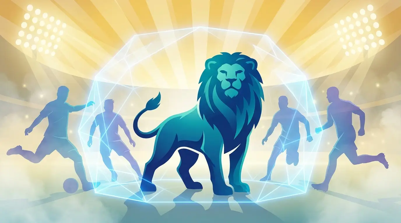 A stylized blue lion (Persib symbol) stands firm at the center, surrounded by faint silhouettes of rumored players, separated by a translucent barrier of light, under bright stadium lights.