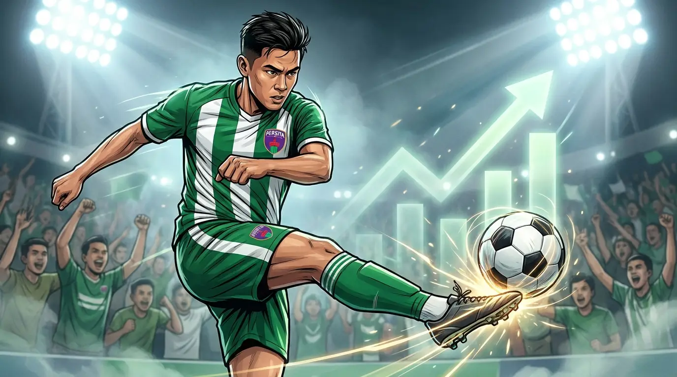 A triumphant Persita player in green and white celebrates a crucial goal against a backdrop of a roaring crowd, symbolizing the team's against-the-odds rise to 5th place in Liga 1 2026.