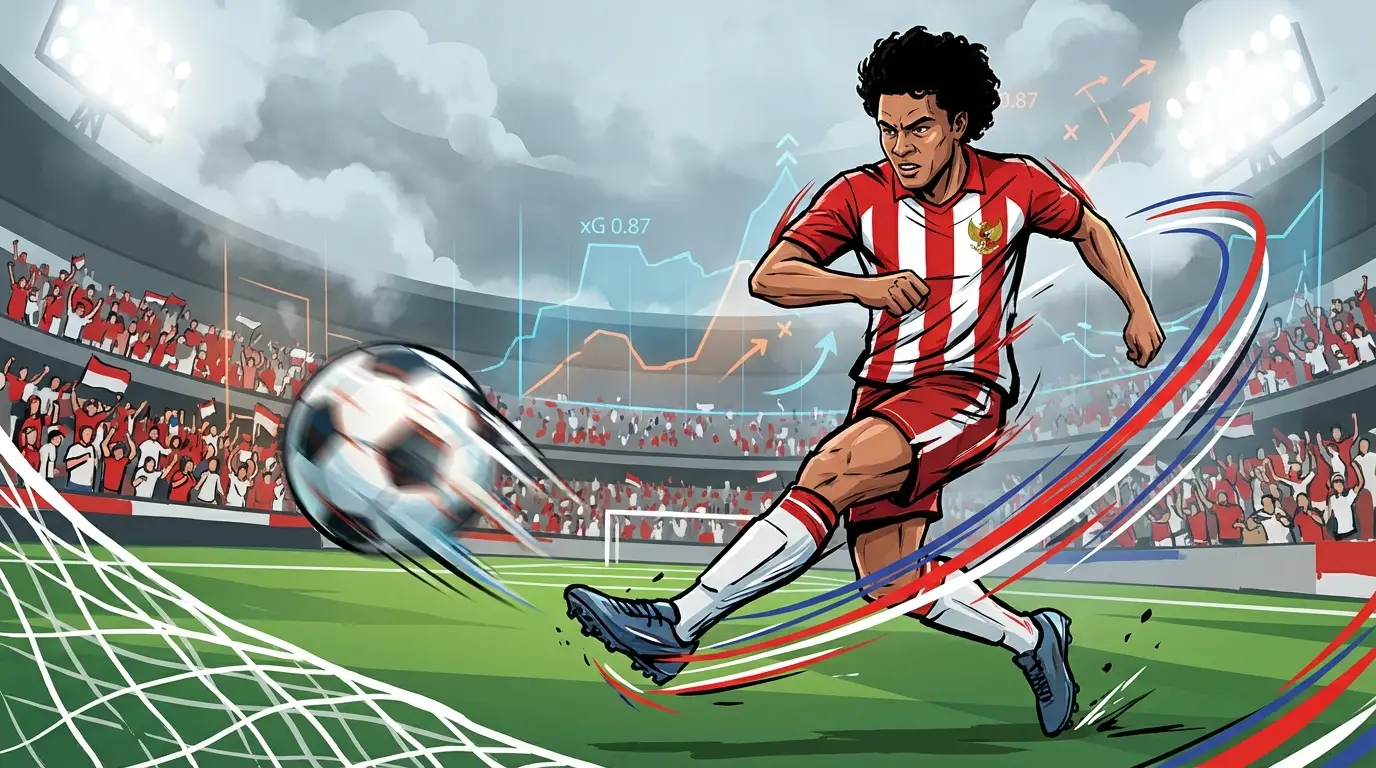 A naturalized striker candidate in an Indonesian national team kit scores a crucial goal, symbolizing the solution to the team's finishing problems, with dynamic energy and tactical overlay.