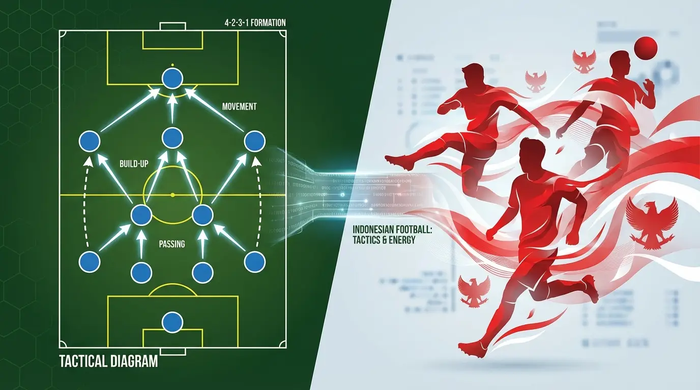 Conceptual split-screen visualization: The modern tactical DNA of Jesus Casas (left, structured) meets the dynamic reality of Indonesian players (right).
