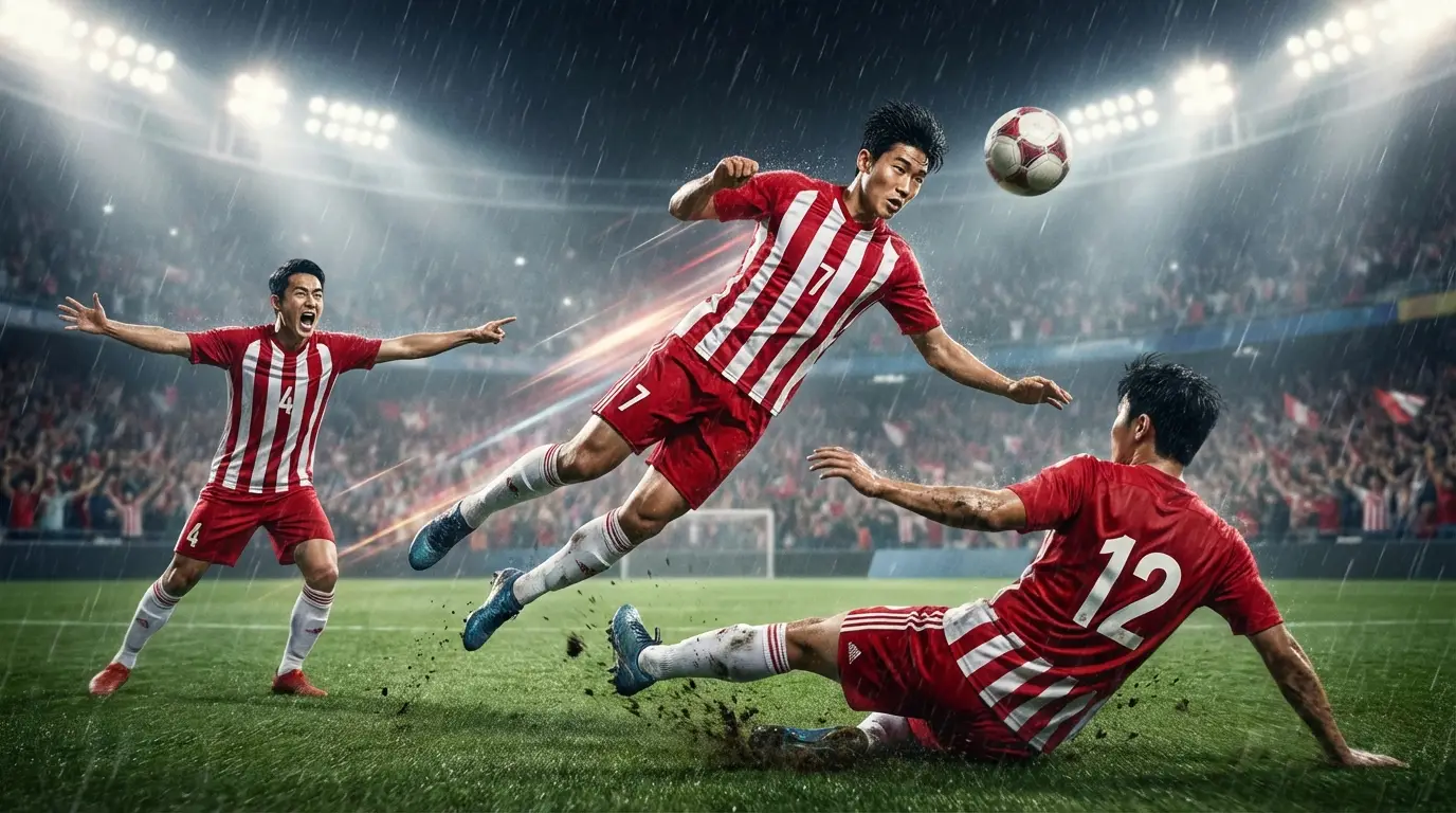 A dynamic, heroic shot of stylized Indonesian national team players in action on the pitch, symbolizing the new era under coach Herdman.