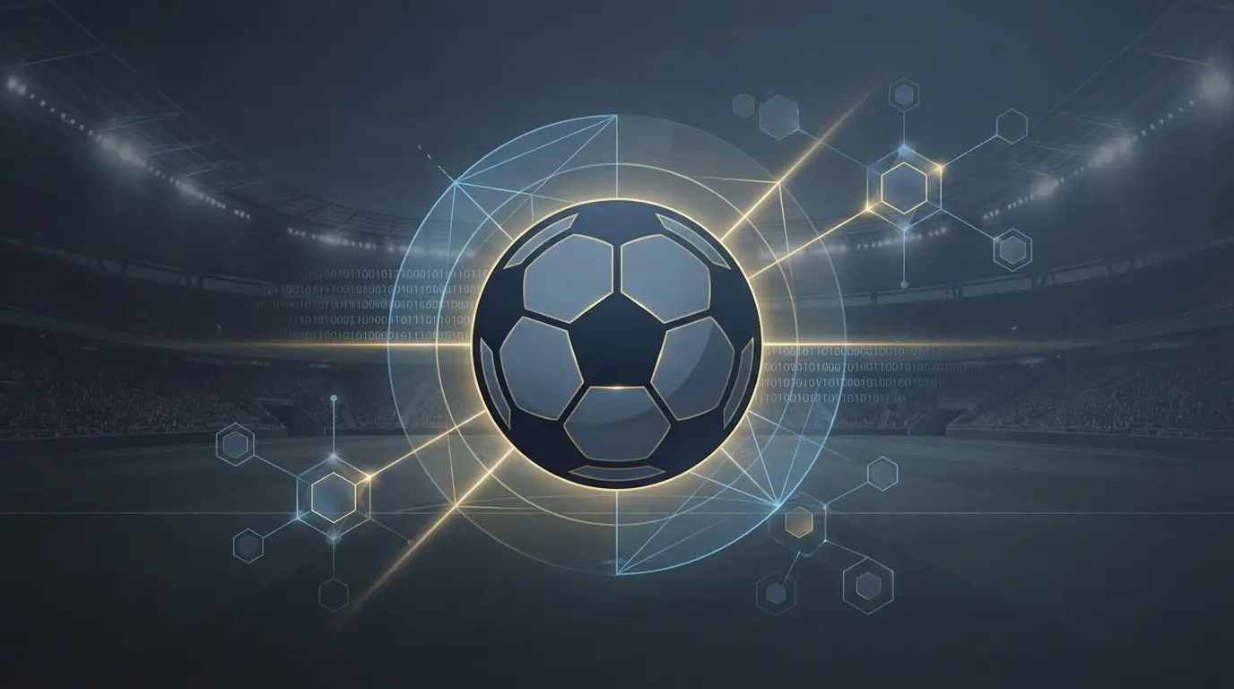 A conceptual header image representing the analysis of football transfer rumors: a football deconstructed into data streams and connections over a minimalist stadium backdrop.