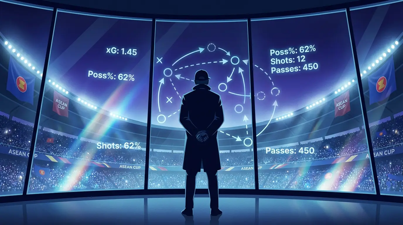 A moody, conceptual scene of a coach contemplating tactics, with the pressure of the upcoming ASEAN Cup reflected in the environment.