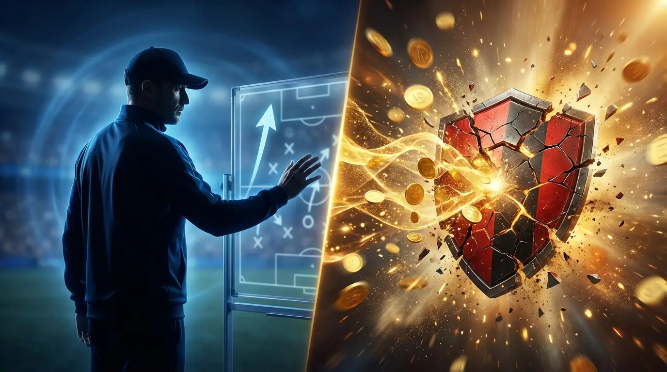 A conceptual illustration contrasting long-term team building projects (symbolized by a calm coach and tactical plans) with disruptive new financial power (symbolized by golden shockwaves).