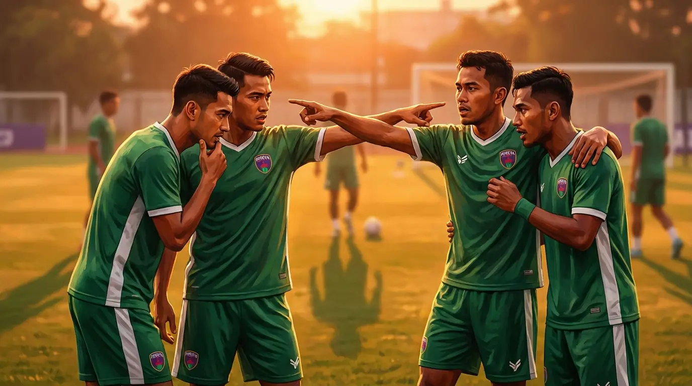 A stylized depiction of Persita's attacking trio in training gear, sharing a moment of connection and strategy, highlighting the teamwork behind their efficient goal output.