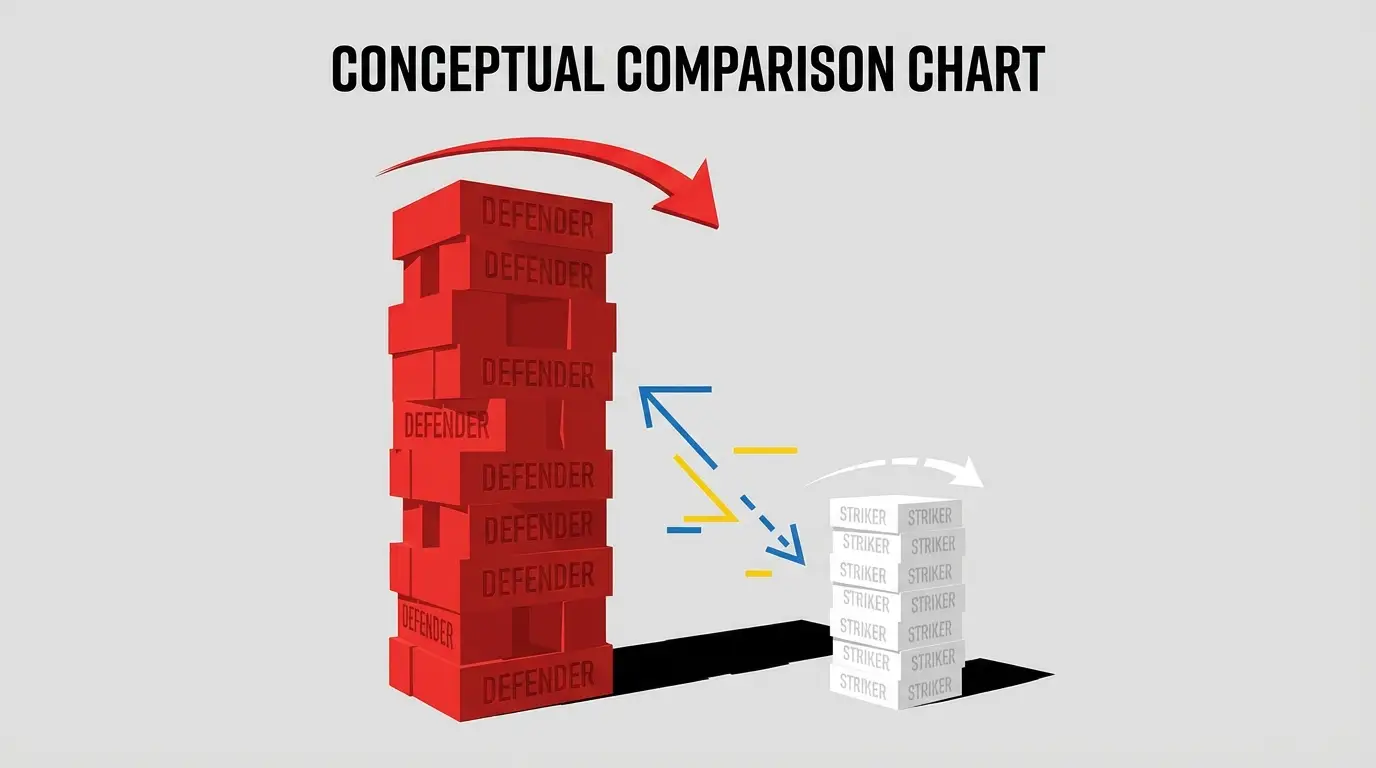 Conceptual illustration comparing the towering market value of defenders versus the shorter value of strikers for the Indonesian national team
