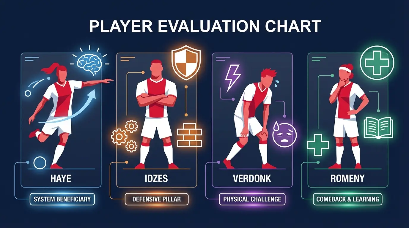 An elegant, stylized visual evaluation of four key Timnas Indonesia players (Haye, Idzes, Verdonk, Romeny) as silhouettes/figures, surrounded by graphical icons and tags summarizing their potential 'System Beneficiary' status or key challenges ('Physical Demand', 'Injury Comeback') within Herdman's new philosophy.