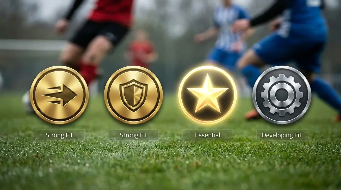 A set of four stylized badges comparing the key Timnas players, each with an abstract icon representing their role (assist, interception, creativity, playmaking) and visually indicating their 'Timnas Contribution Index' rating.
