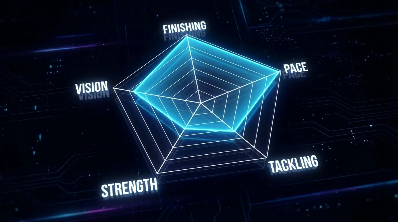 A conceptual, futuristic radar chart visualizing a football player's attributes, aligned with the article's analytical theme.