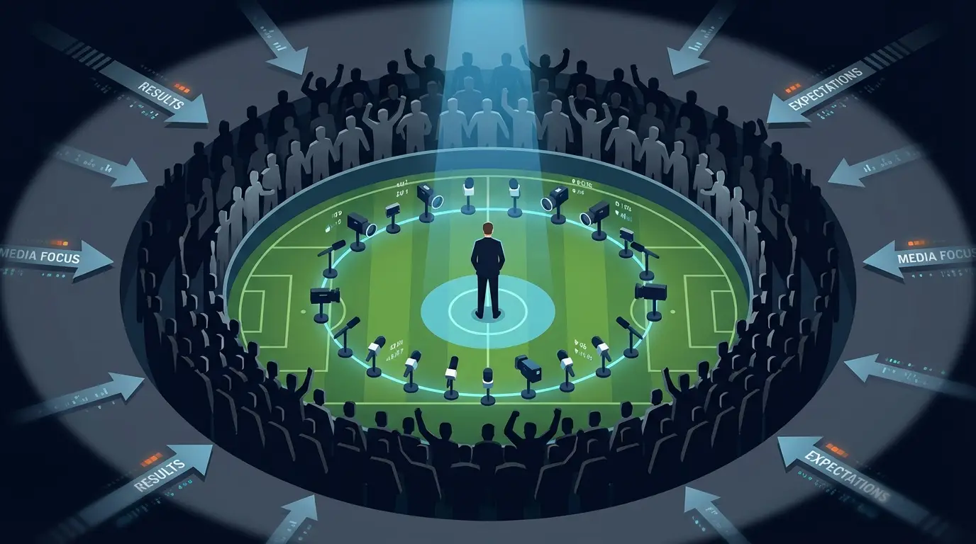 Metaphorical visualization of the intense pressure cooker environment awaiting a coach in Indonesian football: media scrutiny, fan expectations, and federation demands closing in from all sides.