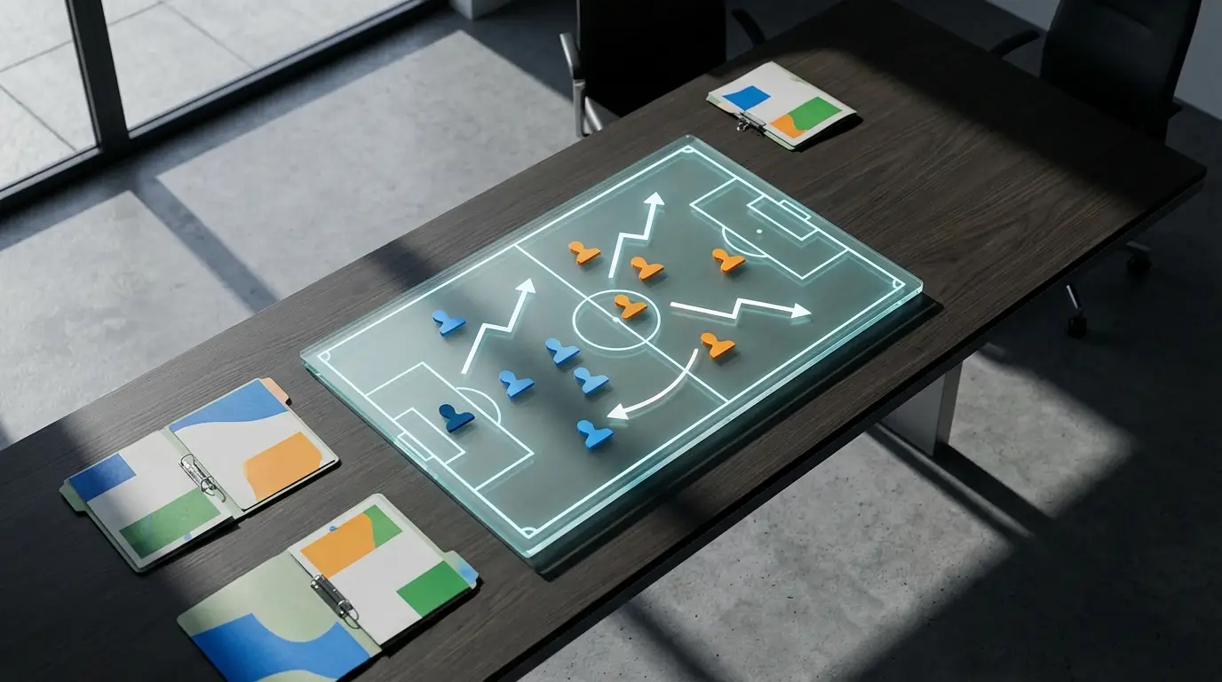 A stylized view of a football club's strategy room, analyzing player data and transfer targets, representing the 'Intelligence Desk' and strategic clash between clubs.