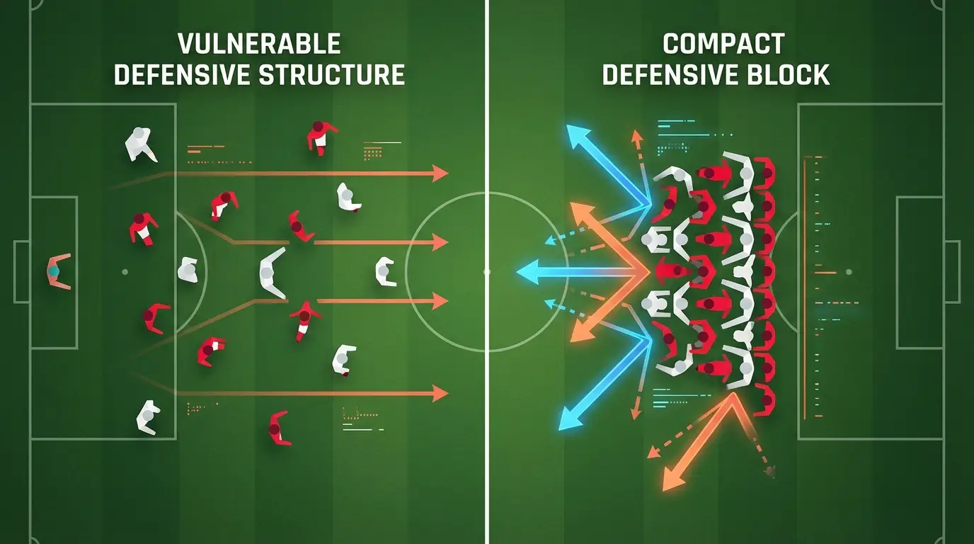 A conceptual illustration comparing a fragmented, vulnerable defensive structure (left) with a compact, organized defensive block (right), visualizing the core tactical problem and Herdman's proposed solution.