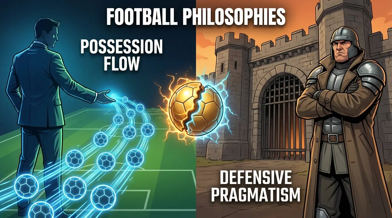 Conceptual illustration of a tactical clash: a coach figure orchestrating flowing football vs a coach figure behind a solid defensive wall, with a football suspended between them.