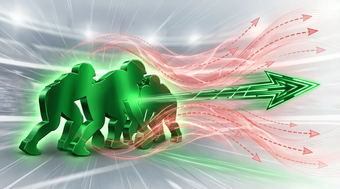 A conceptual diagram illustrating Persita Tangerang's compact defensive block (represented by green player silhouettes) absorbing pressure (red arrows) and launching a rapid counter-attack (a sharp green arrow breaking forward).