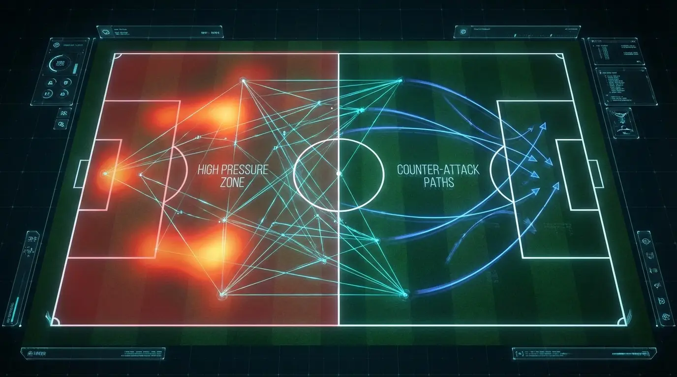 An abstract visualization of a tactical battle on a football pitch, represented by a network of glowing connection lines and highlighted zones of intensity.