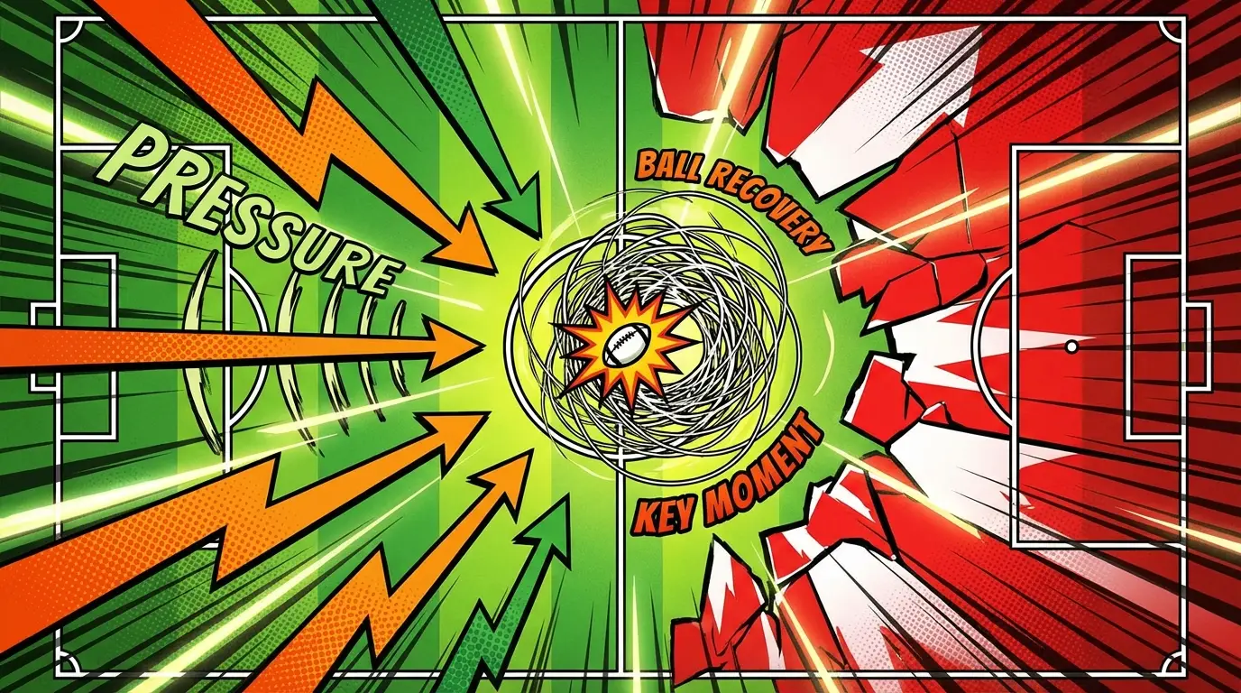 An abstract visualization of Borneo FC's high press and systematic ball recovery in midfield, explaining their tactical patience.