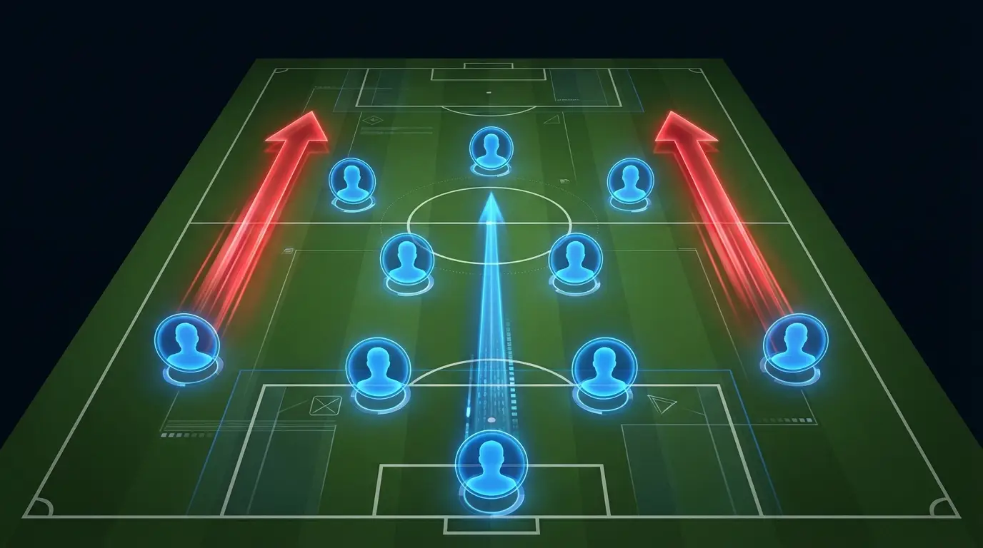A stylized tactical diagram showing a 3-4-3 formation on a football pitch, highlighting the wing-back and center-back positions with arrows indicating their key movements and roles in Shin Tae-yong's system.