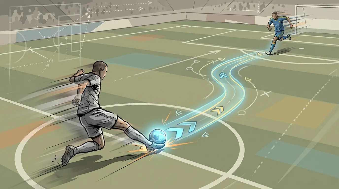 A conceptual illustration of a fast transitional counter-attack in soccer, showing a player winning the ball and a glowing path leading to a sprinting teammate upfield, emphasizing speed and exploiting space.
