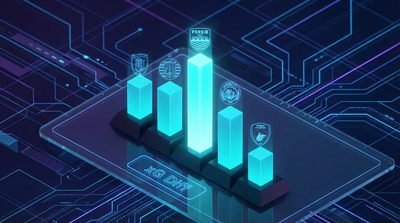 A conceptual data visualization comparing team strength through glowing vertical bars of varying heights, representing the 'xG Diff' metric in a futuristic style.