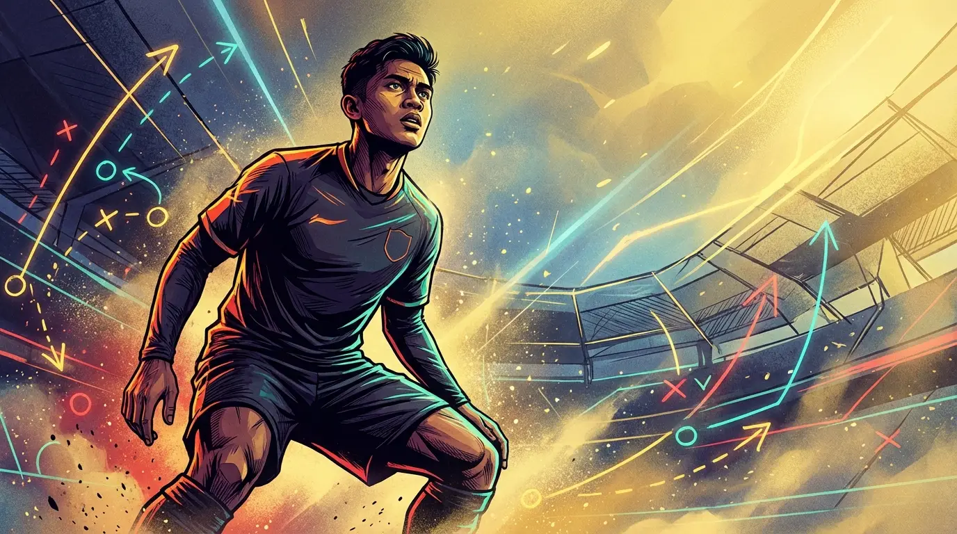 A hopeful and atmospheric portrait of a young Indonesian football talent, looking towards a future symbolized by abstract stadium lights or national team imagery, representing the path from Liga 1 to the Indonesian national team.
