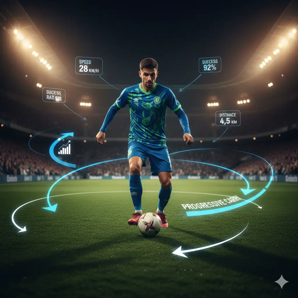 Ilustrasi konsep statistik 'progressive carry' yang menjadi alasan kenaikan nilai pasar pemain tengah.